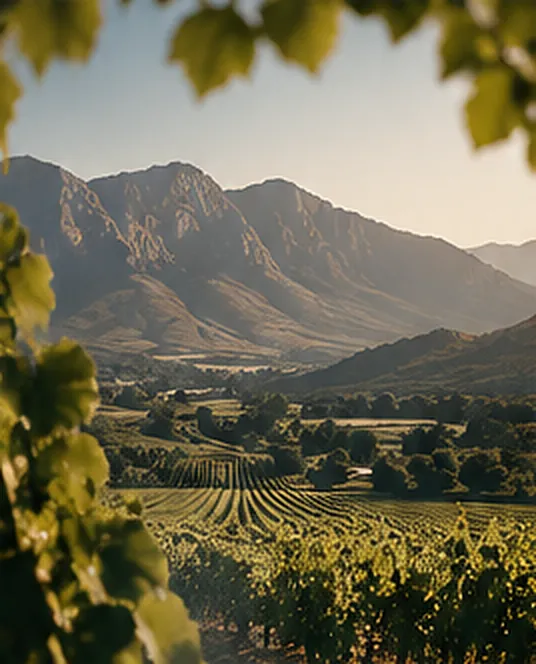 Vineyards below the mountains of the Franschhoek valley in late-afternoon light