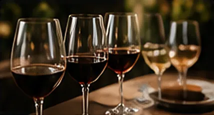 A row of glasses of red and white wine on a tasting table