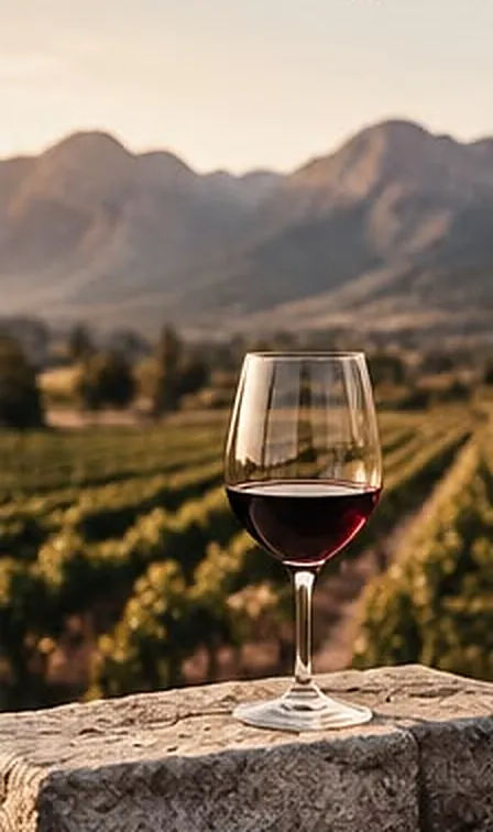 A glass of red wine on a stone wall, with vineyards and mountains behind